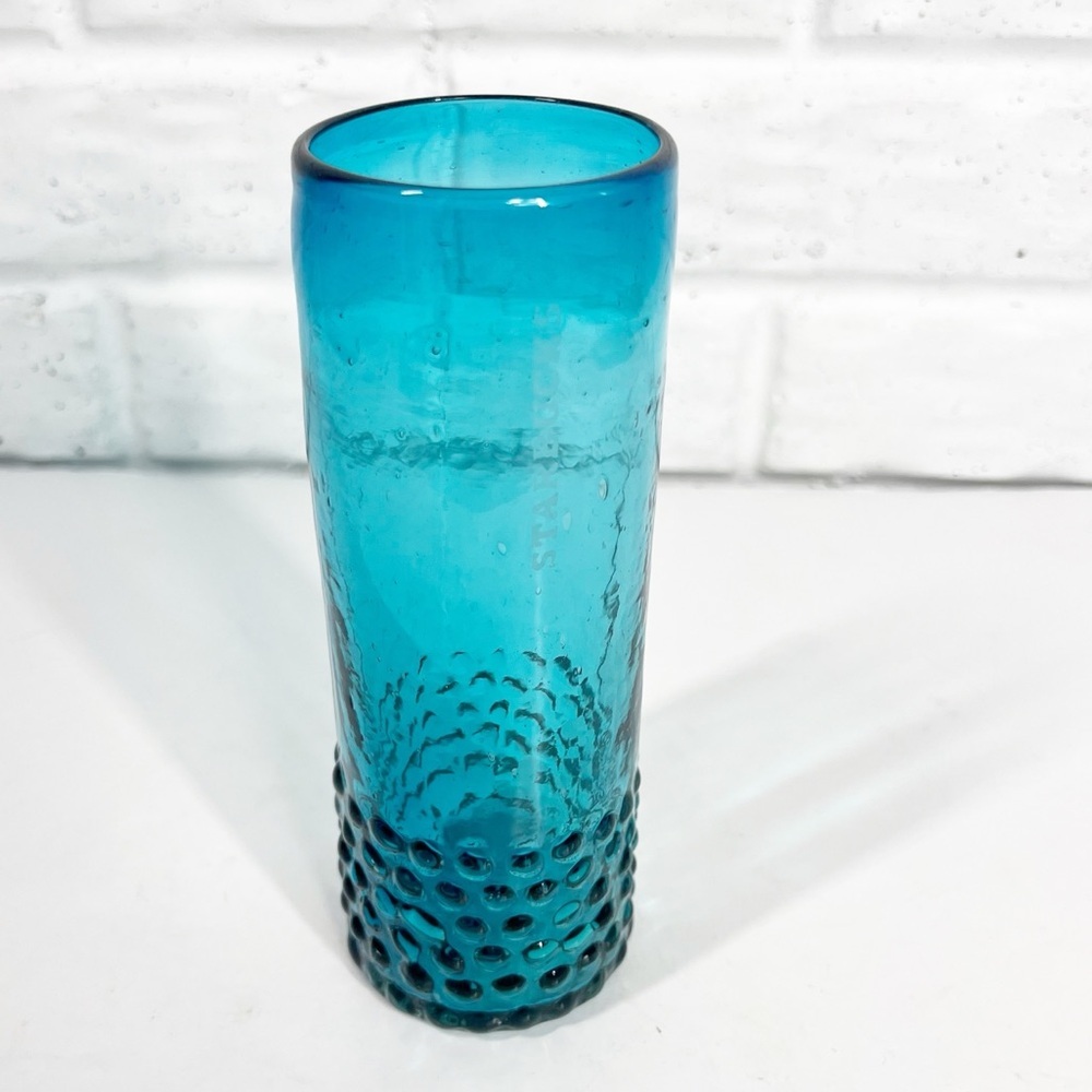 STARBUCKS Rare Limited Edition Blue Handblown Glass 7" Tall Hobnail Tumbler
